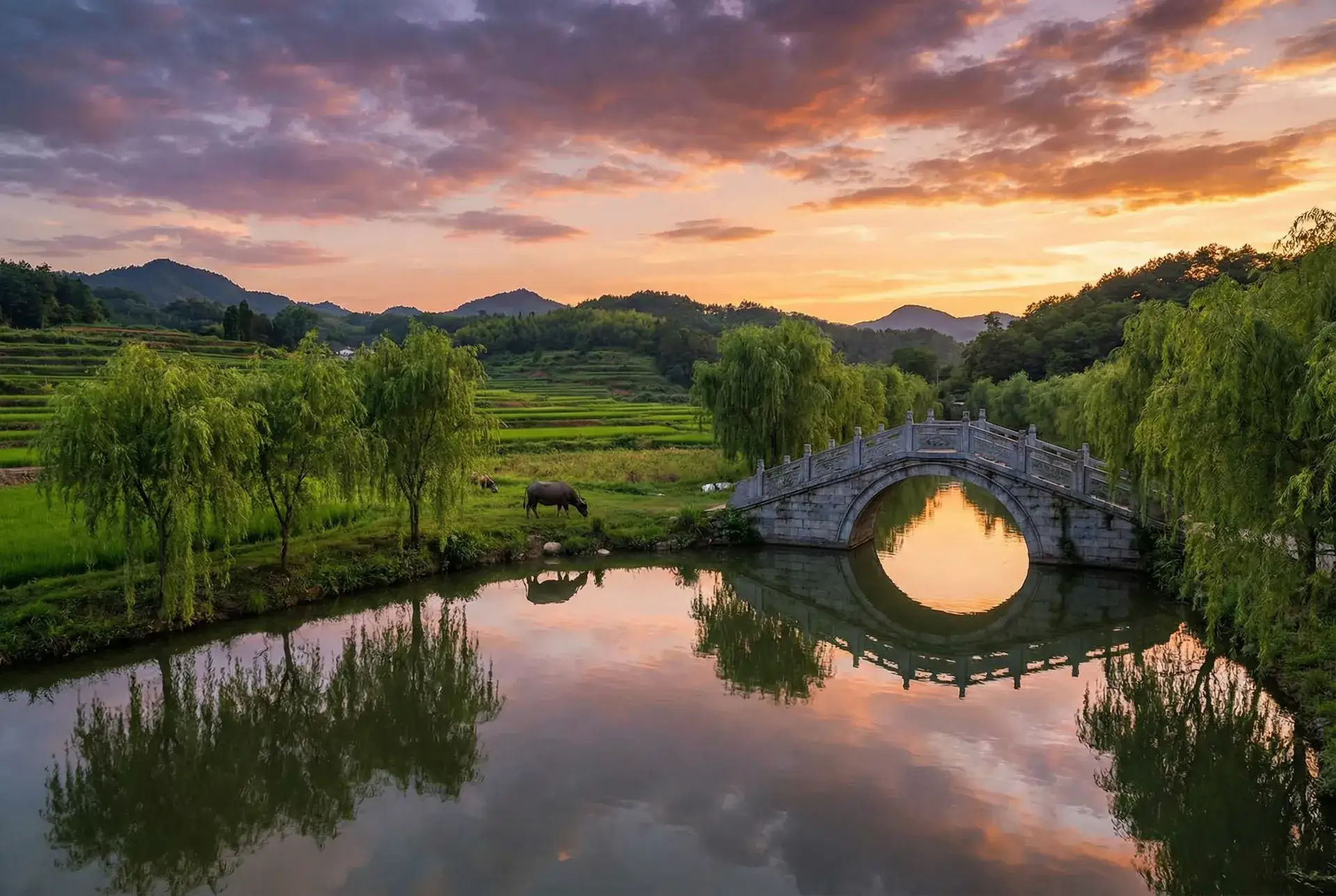 夕阳下的石拱桥与垂柳，水牛在河边吃草 - 日本黄色网站 乡村美景